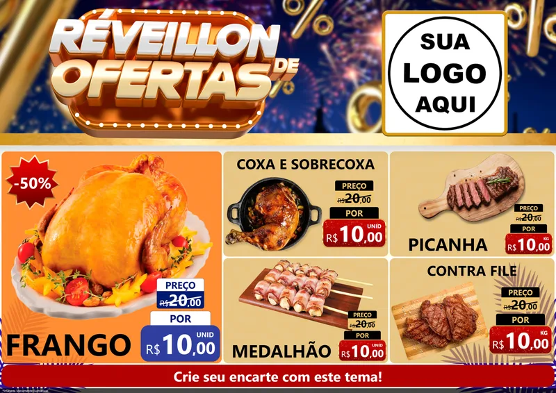Modelo de Encarte para Encarte A4 Horizontal com o tema Réveillon de Ofertas para Assados