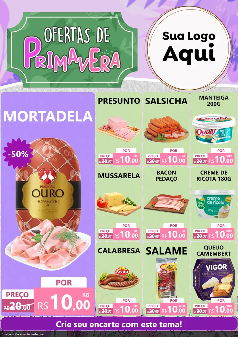 Modelo de Encarte para Encarte A4 Vertical com o tema Ofertas de Primavera para Frios e Laticínios