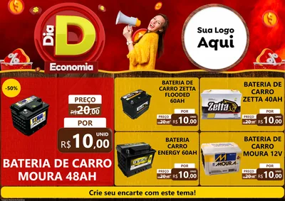 Modelo de Encarte para Encarte A4 Horizontal com o tema Dia D Economia para Baterias Elétricas