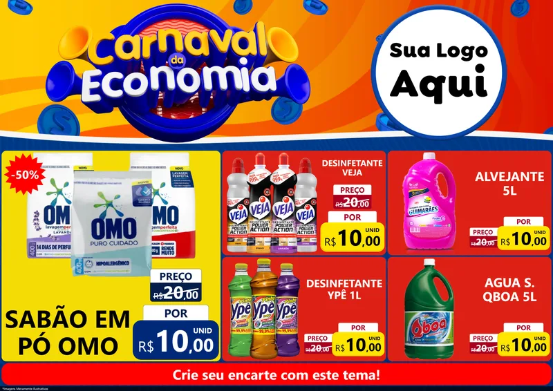 Modelo de Encarte para Encarte A4 Horizontal com o tema Carnaval da Economia para Produtos de Limpeza