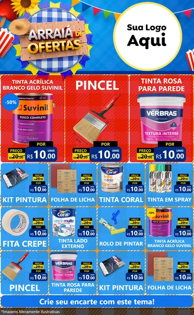 Modelo de Encarte para Encarte Grande com o tema Arraiá de Ofertas para Tintas e Ferramentas