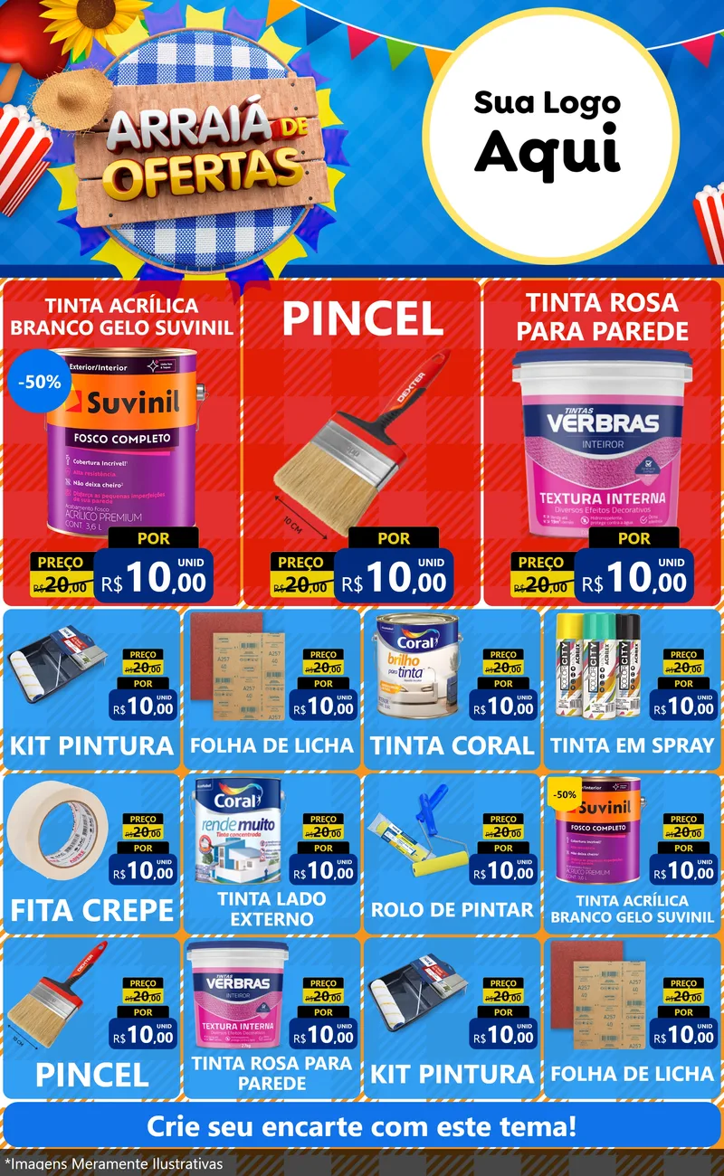 Modelo de Encarte para Encarte Grande com o tema Arraiá de Ofertas para Tintas e Ferramentas