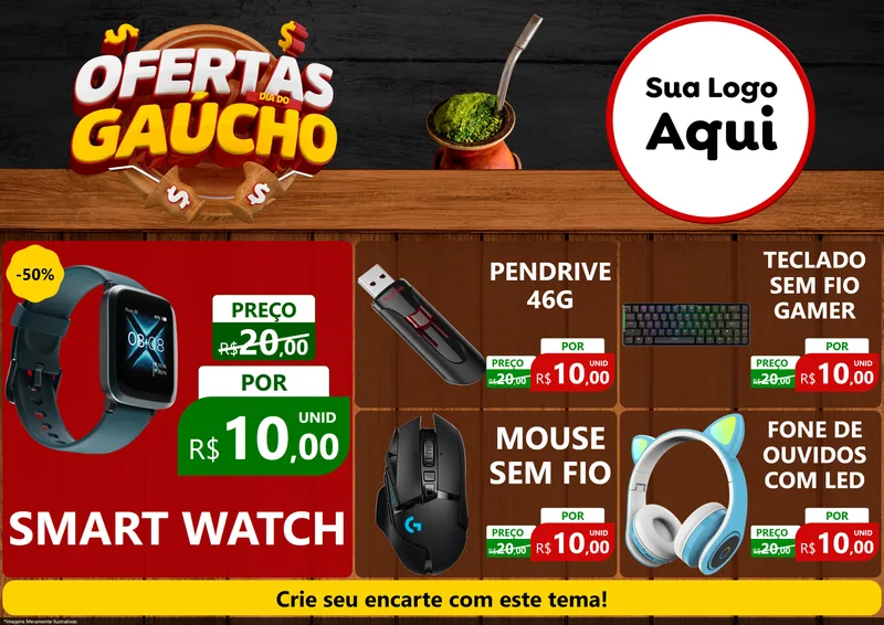 Modelo de Encarte para Encarte A4 Horizontal com o tema Ofertas Dia do Gaúcho para Informática