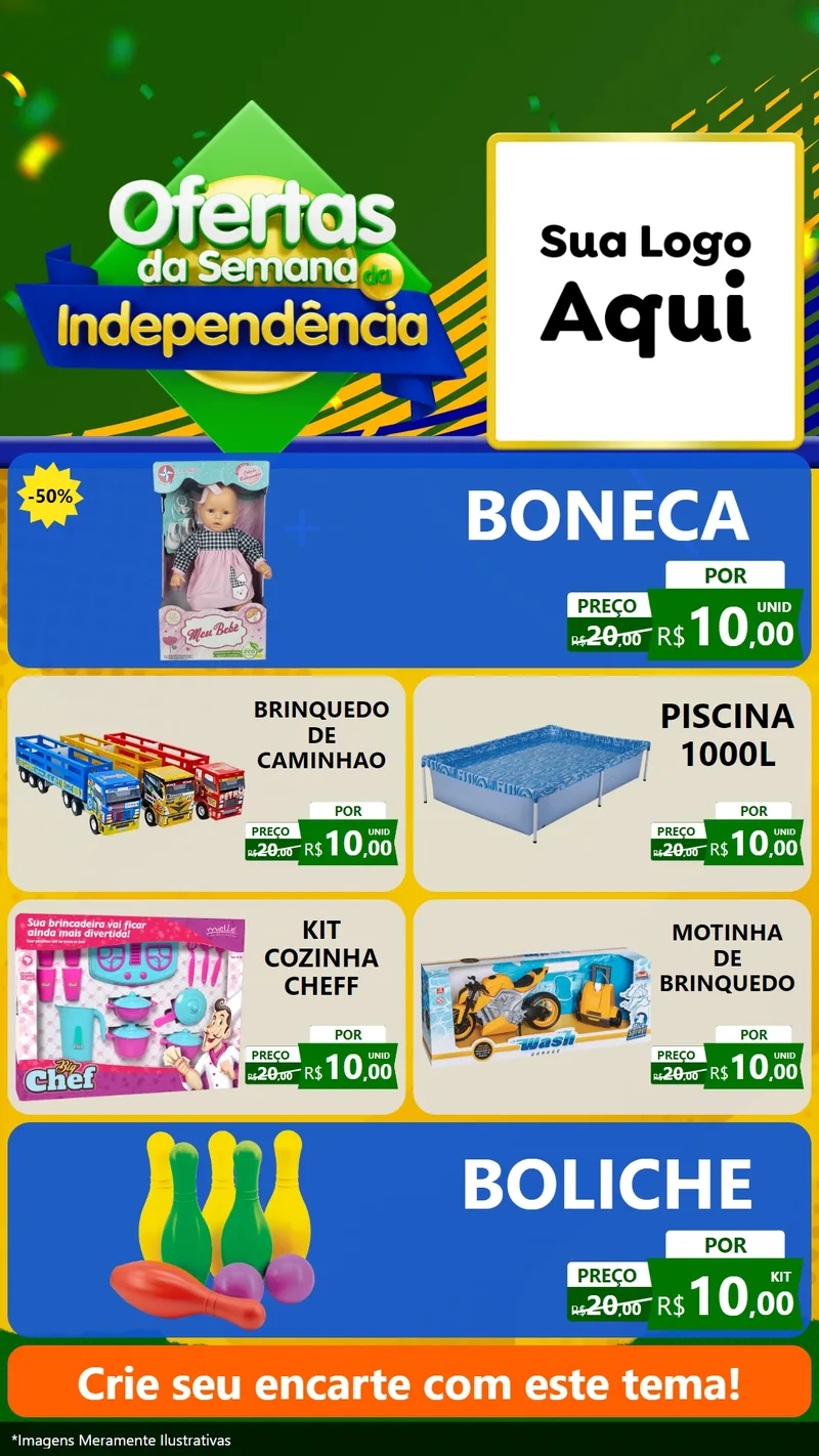 Modelo de TV para TV Vertical com o tema Ofertas da Semana da Independência para Brinquedos