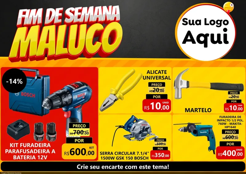 Modelo de Encarte para Encarte A4 Horizontal com o tema Final de Semana Maluco para Maquinas e Ferramentas