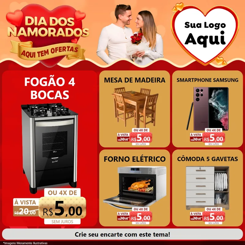 Modelo de Rede Social para Feed Facebook com o tema Dia dos Namorados - Aqui Tem Ofertas para Móveis e Eletro