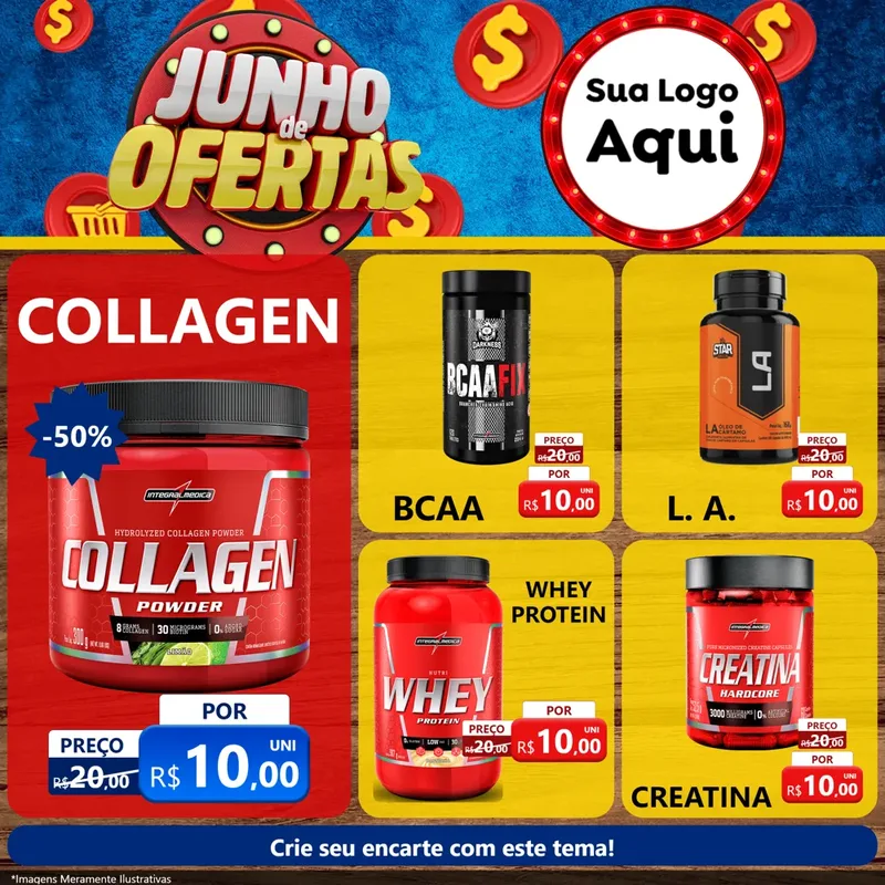 Modelo de Rede Social para Feed Facebook com o tema Junho de Ofertas para Suplementos alimentares