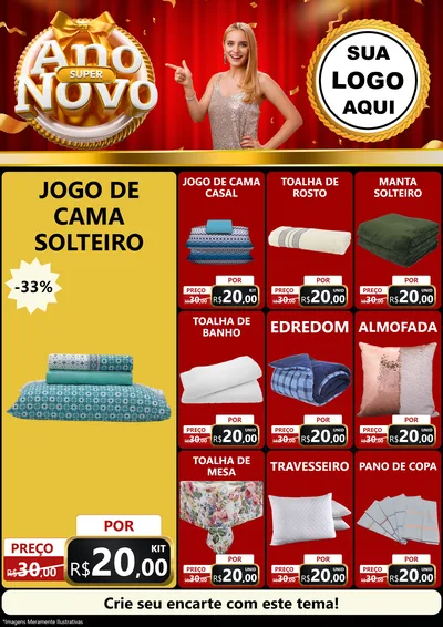 Modelo de Encarte para Encarte A4 Vertical com o tema Super Ano Novo para Cama, Mesa e Banho