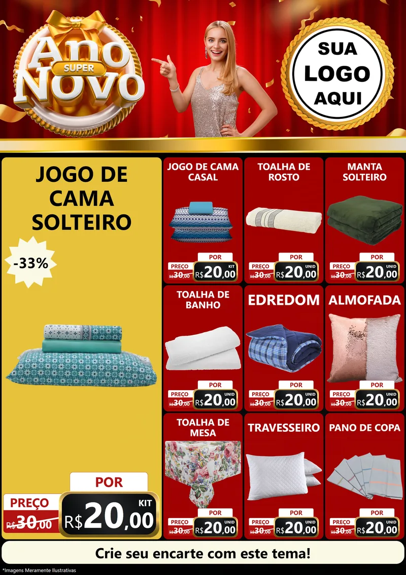 Modelo de Encarte para Encarte A4 Vertical com o tema Super Ano Novo para Cama, Mesa e Banho