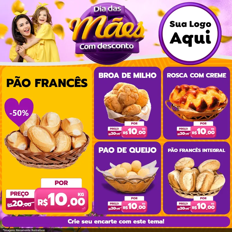 Modelo de Rede Social para Feed Facebook com o tema Dia das Mães com Desconto para Padaria