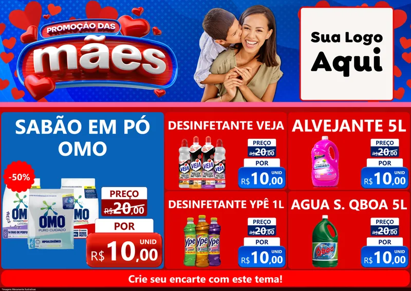 Modelo de Encarte para Encarte A4 Horizontal com o tema Promoção das Mães para Produtos de Limpeza