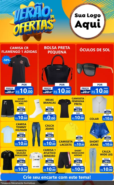 Modelo de Encarte para Encarte Grande com o tema Verão de Ofertas para Roupas e acessórios