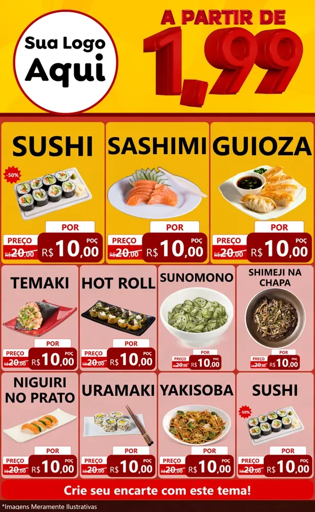 Modelo de Encarte para Encarte Grande com o tema A Partir de Um e Noventa e Nove - 1,99 para Comida japonesa