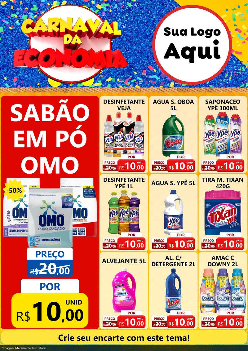 Modelo de Encarte para Encarte A4 Vertical com o tema Carnaval da Economia para Produtos de Limpeza