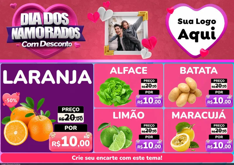 Modelo de Encarte para Encarte A4 Horizontal com o tema Dia Dos Namorados Com Desconto para Hortifrúti