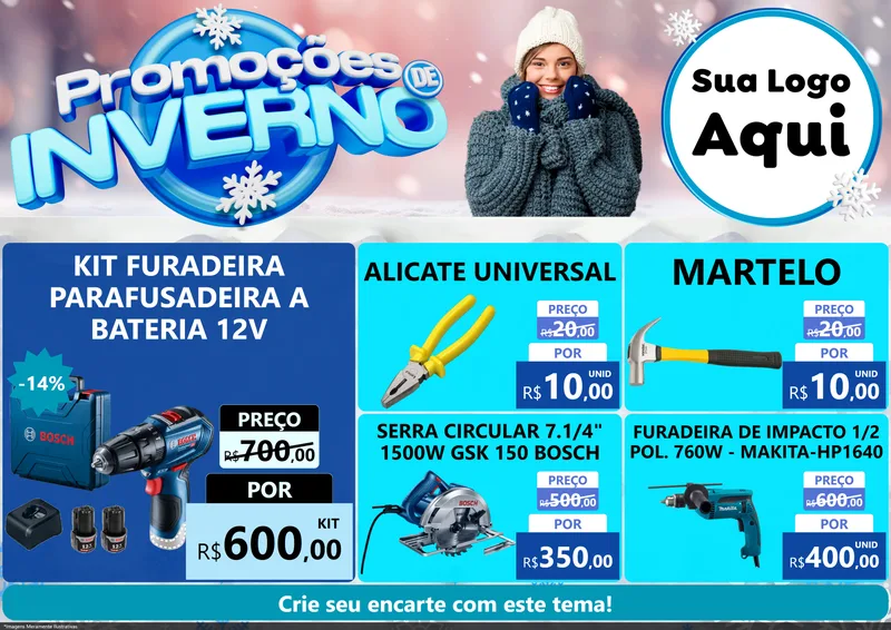 Modelo de Encarte para Encarte A4 Horizontal com o tema Promoções de Inverno para Maquinas e Ferramentas