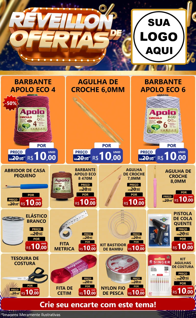 Modelo de Encarte para Encarte Grande com o tema Réveillon de Ofertas para Armarinho e Aviamentos