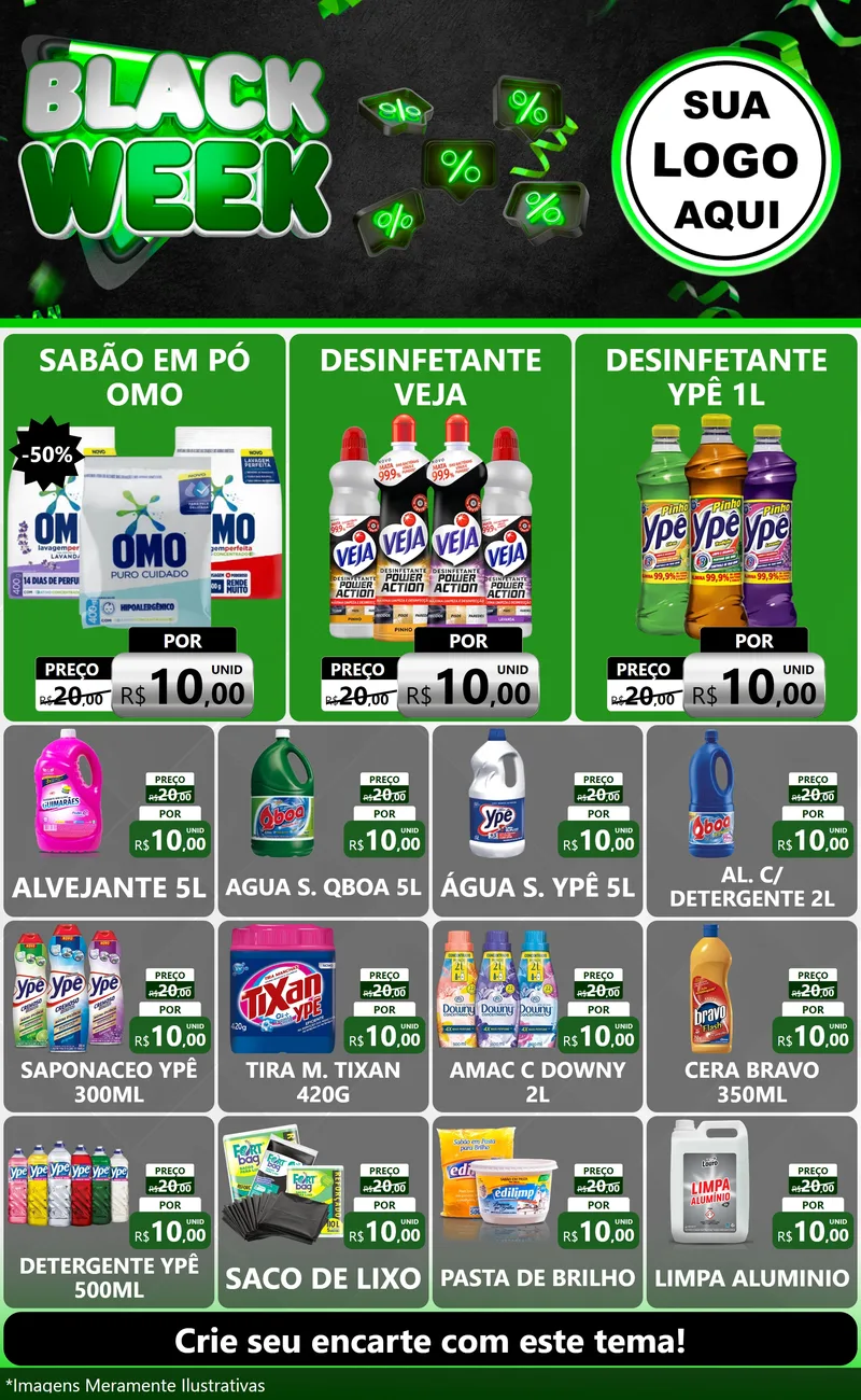 Modelo de Encarte para Encarte Grande com o tema Black Week para Produtos de Limpeza