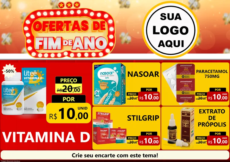 Modelo de Encarte para Encarte A4 Horizontal com o tema Ofertas de Fim de Ano para Farmácia