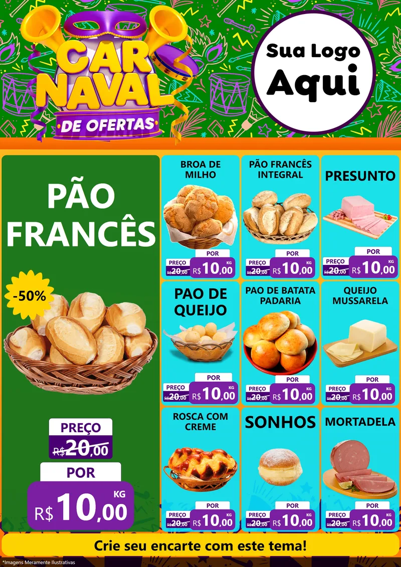 Modelo de Encarte para Encarte A4 Vertical com o tema Carnaval de Ofertas para Padaria