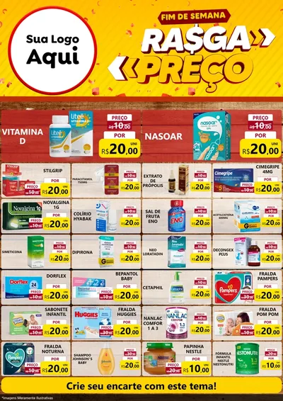 Modelo de Encarte para Encarte A4 Vertical com o tema Fim de Semana Rasga Preços para Farmácia