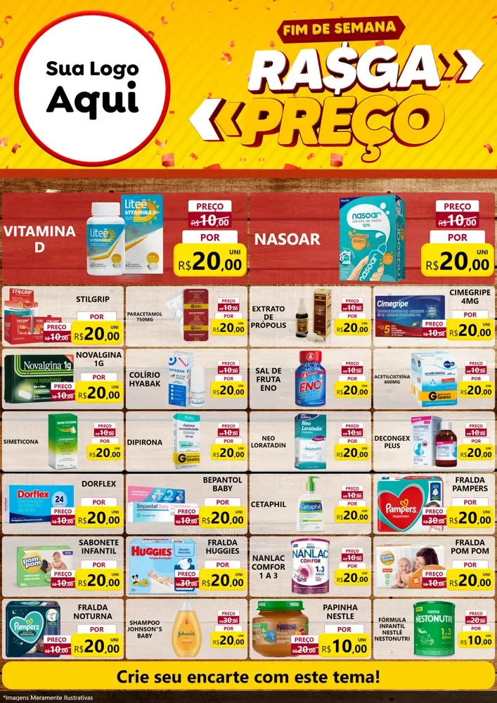 Modelo de Encarte para Encarte A4 Vertical com o tema Fim de Semana Rasga Preços para Farmácia