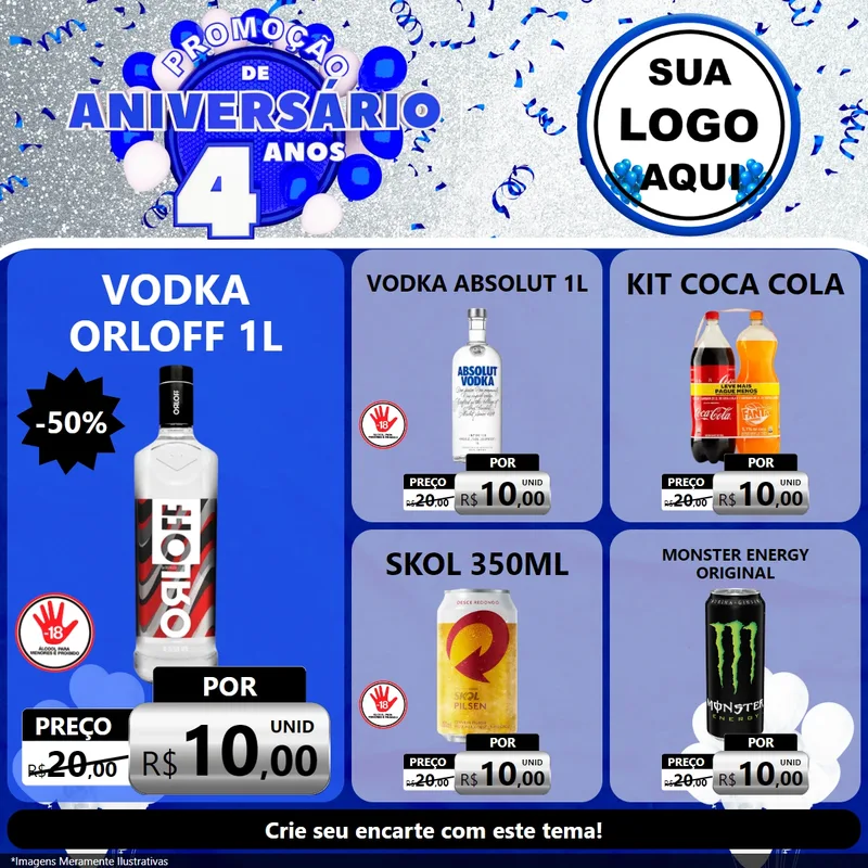 Modelo de Rede Social para Feed Facebook com o tema Promoção de Aniversário - 4 Anos para Distribuidora de bebidas