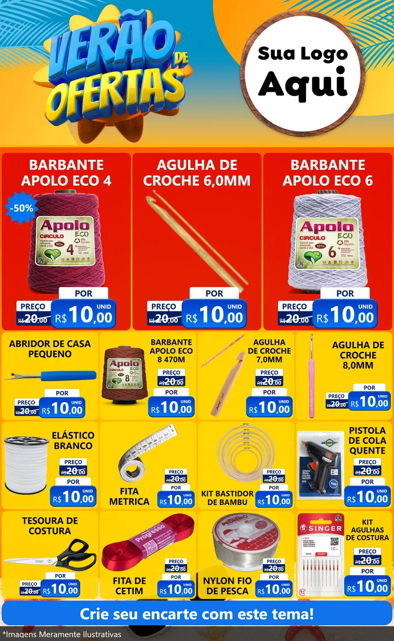 Modelo de Encarte para Encarte Grande com o tema Verão de Ofertas para Armarinho e Aviamentos
