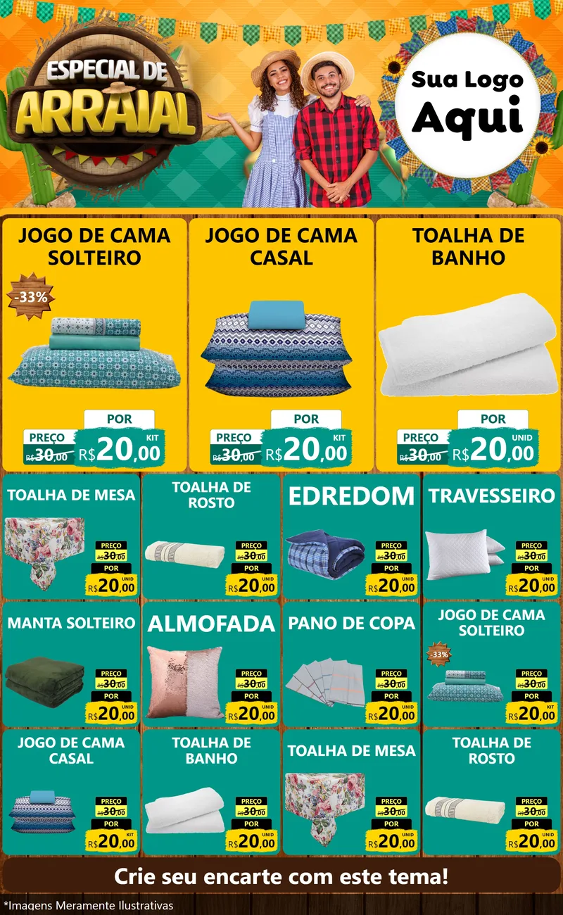 Modelo de Encarte para Encarte Grande com o tema Especial De Arraial para Cama, Mesa e Banho