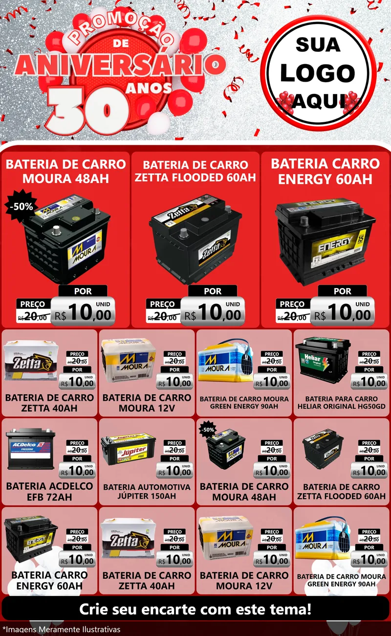 Modelo de Encarte para Encarte Grande com o tema Promoção de Aniversário - 30 Anos para Baterias Elétricas