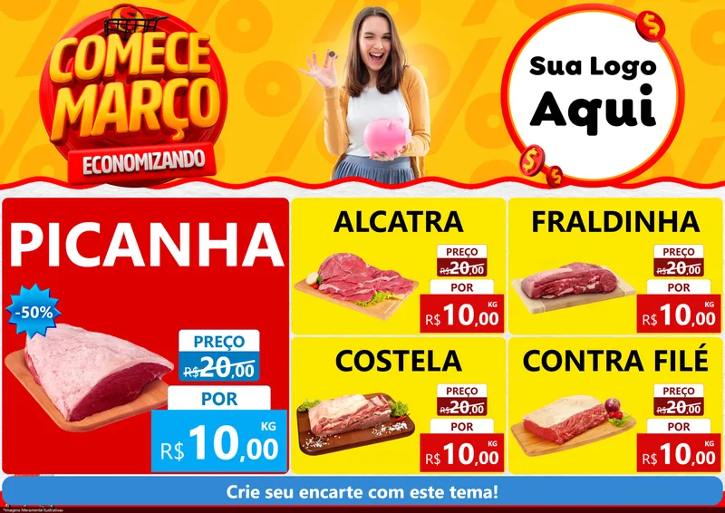 Modelo de Encarte para Encarte A4 Horizontal com o tema Comece Março Economizando para Açougue