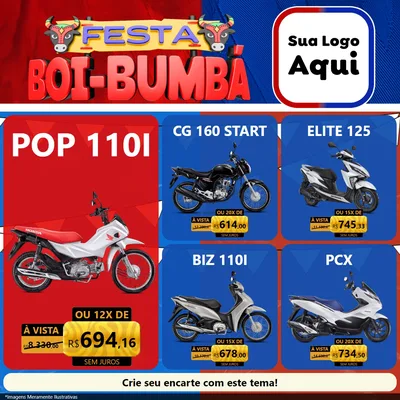Modelo de Rede Social para Feed Facebook com o tema Festa Boi Bumbá para Concessionaria de Motos