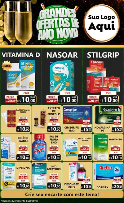 Modelo de Encarte para Encarte Grande com o tema Grandes Ofertas de Ano Novo para Farmácia