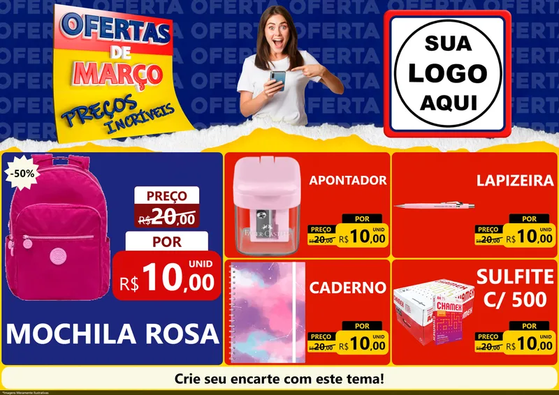 Modelo de Encarte para Encarte A4 Horizontal com o tema Ofertas de Março - Preços Incríveis para Papelaria
