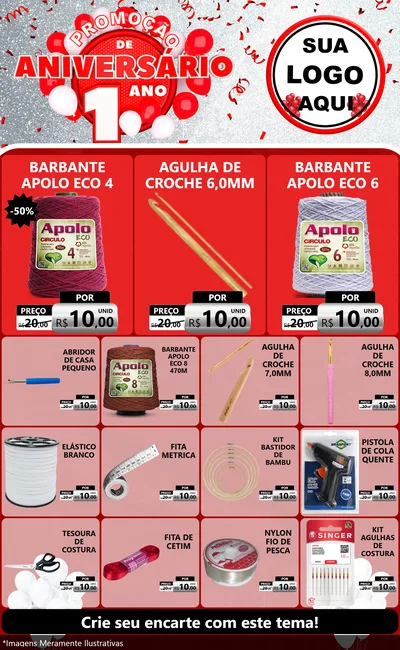 Modelo de Encarte para Encarte Grande com o tema Promoção de Aniversário - 1 Ano para Armarinho e Aviamentos