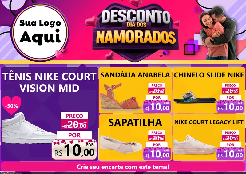 Modelo de Encarte para Encarte A4 Horizontal com o tema Desconto Dia dos Namorados para Calçados