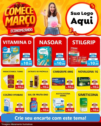 Modelo de Rede Social para Feed Instagram com o tema Comece Março Economizando para Farmácia