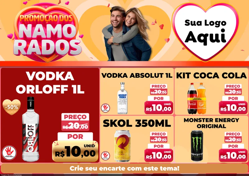 Modelo de Encarte para Encarte A4 Horizontal com o tema Promoção dos Namorados para Distribuidora de bebidas