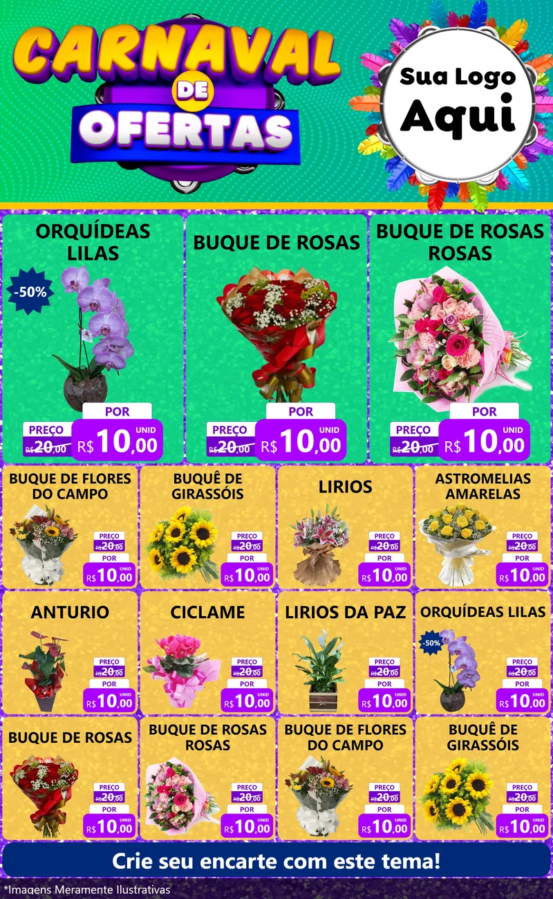 Modelo de Encarte para Encarte Grande com o tema Carnaval de Ofertas para Floricultura e jardim