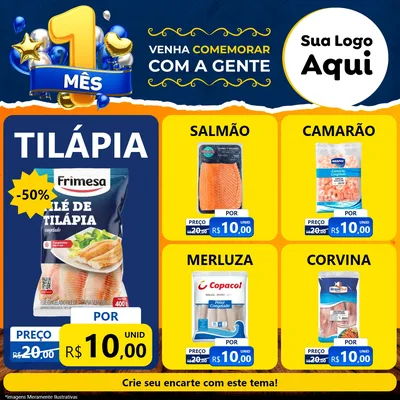 Modelo de Rede Social para Feed Facebook com o tema Um Mês de Aniversário para Peixaria