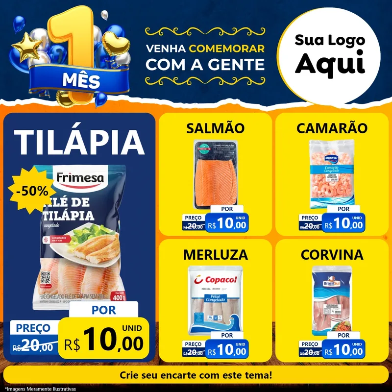 Modelo de Rede Social para Feed Facebook com o tema Um Mês de Aniversário para Peixaria
