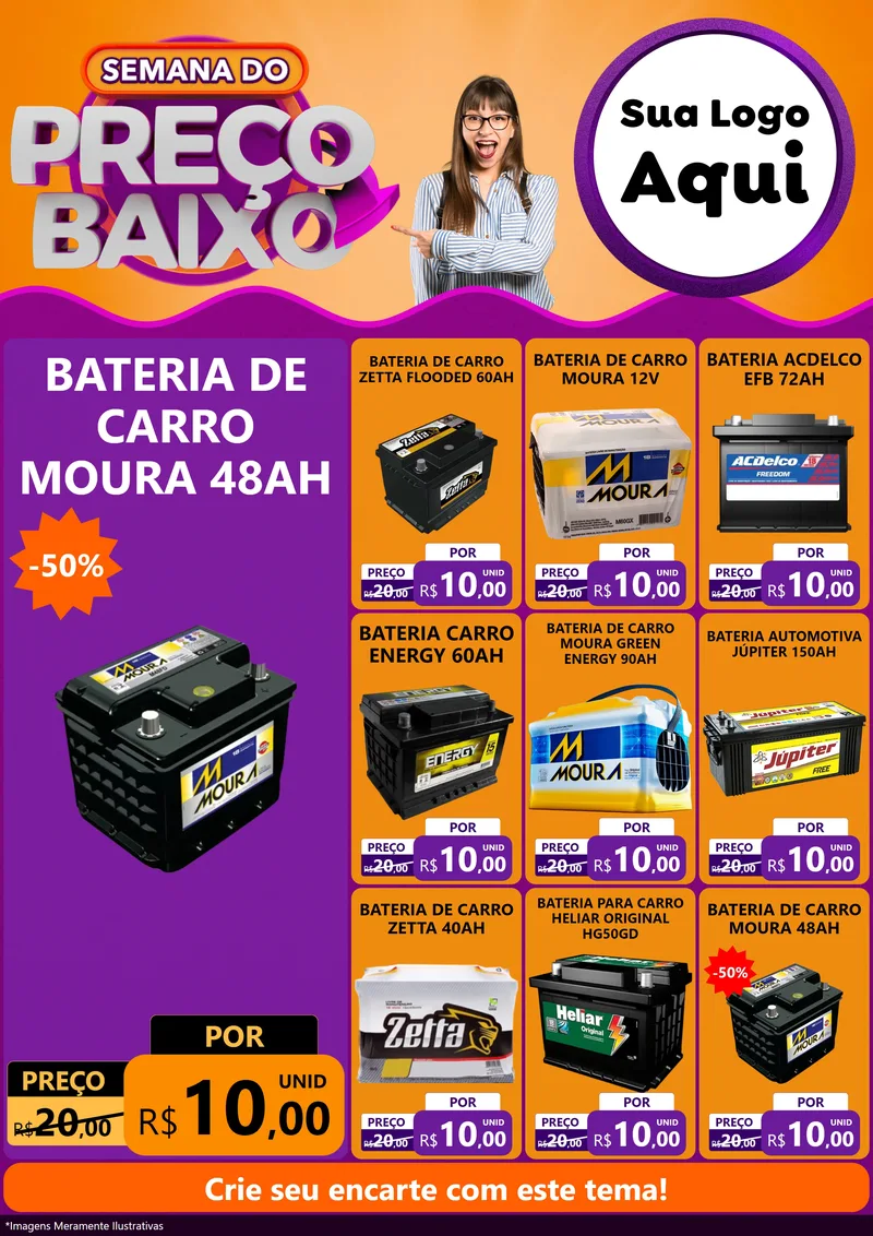 Modelo de Encarte para Encarte A4 Vertical com o tema Semana do Preço Baixo para Baterias Elétricas