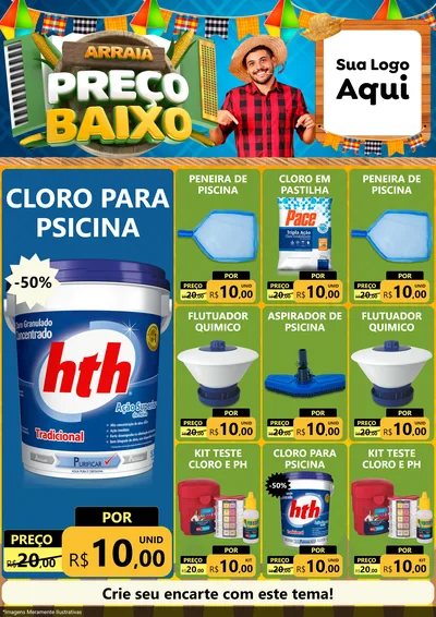 Modelo de Encarte para Encarte A4 Vertical com o tema Arraiá de Preço Baixo - Junina para Produtos para Piscina