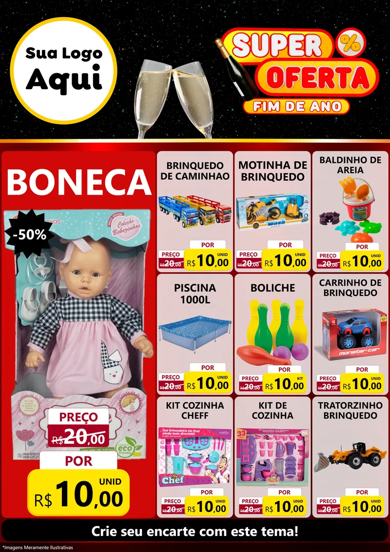 Modelo de Encarte para Encarte A4 Vertical com o tema Super Oferta Fim de Ano para Brinquedos