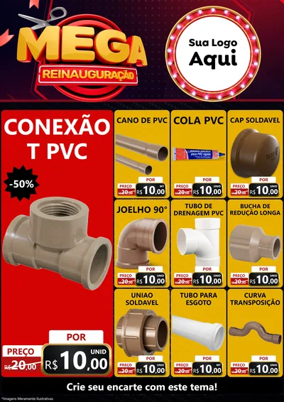 Modelo de Encarte para Encarte A4 Vertical com o tema Mega Reinauguração para Tubos e conexões