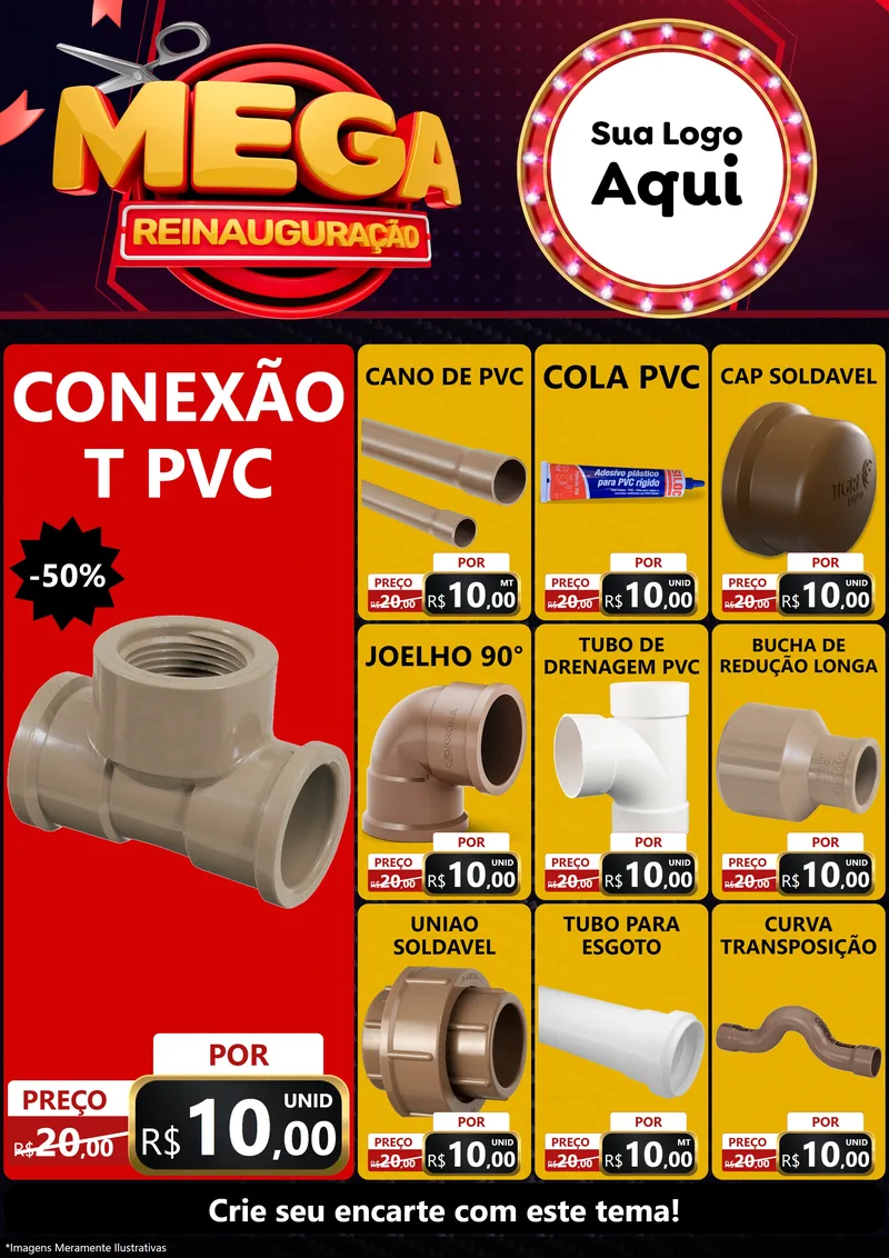 Modelo de Encarte para Encarte A4 Vertical com o tema Mega Reinauguração para Tubos e conexões