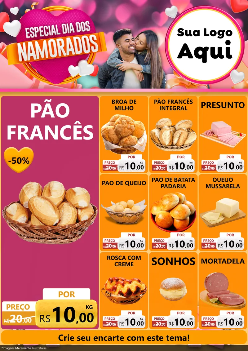 Modelo de Encarte para Encarte A4 Vertical com o tema Especial Dia dos Namorados para Padaria