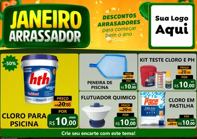 Modelo de Encarte para Encarte A4 Horizontal com o tema Janeiro Arrasador para Produtos para Piscina