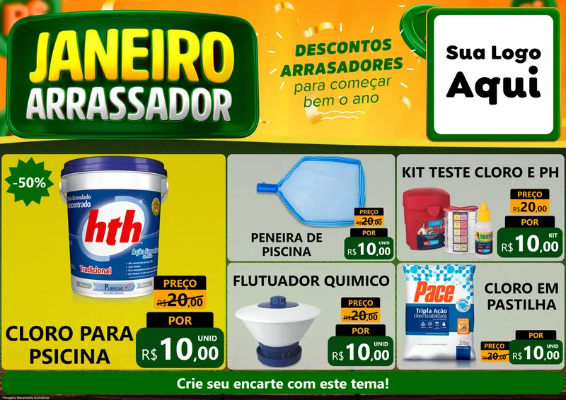 Modelo de Encarte para Encarte A4 Horizontal com o tema Janeiro Arrasador para Produtos para Piscina