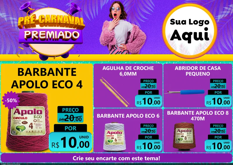 Modelo de Encarte para Encarte A4 Horizontal com o tema Pré-Carnaval Premiado para Armarinho e Aviamentos
